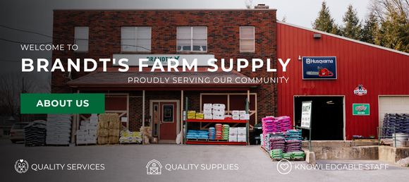 Welcome banner at Brandt’s Farm Supply highlighting quality services, supplies, and staff, with an ‘ABOUT US’ button.